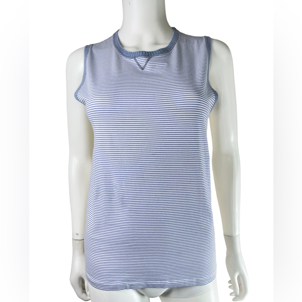 Bruno‎ Cucinelli Tank Top Blue Stripe Cotton Cashmere Trim XL Tight